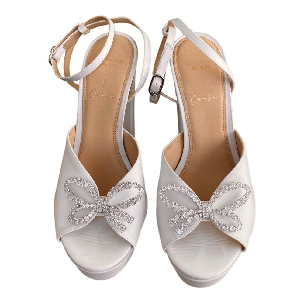 NEW Black Suede Studio Ivory Satin Heels Caroline Platform Crystals Cream 38.5 - Picture 6 of 12